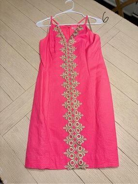 Lilly Pulitzer Coral Pink Sleeveless Mini Dress with Gold Lace Trim